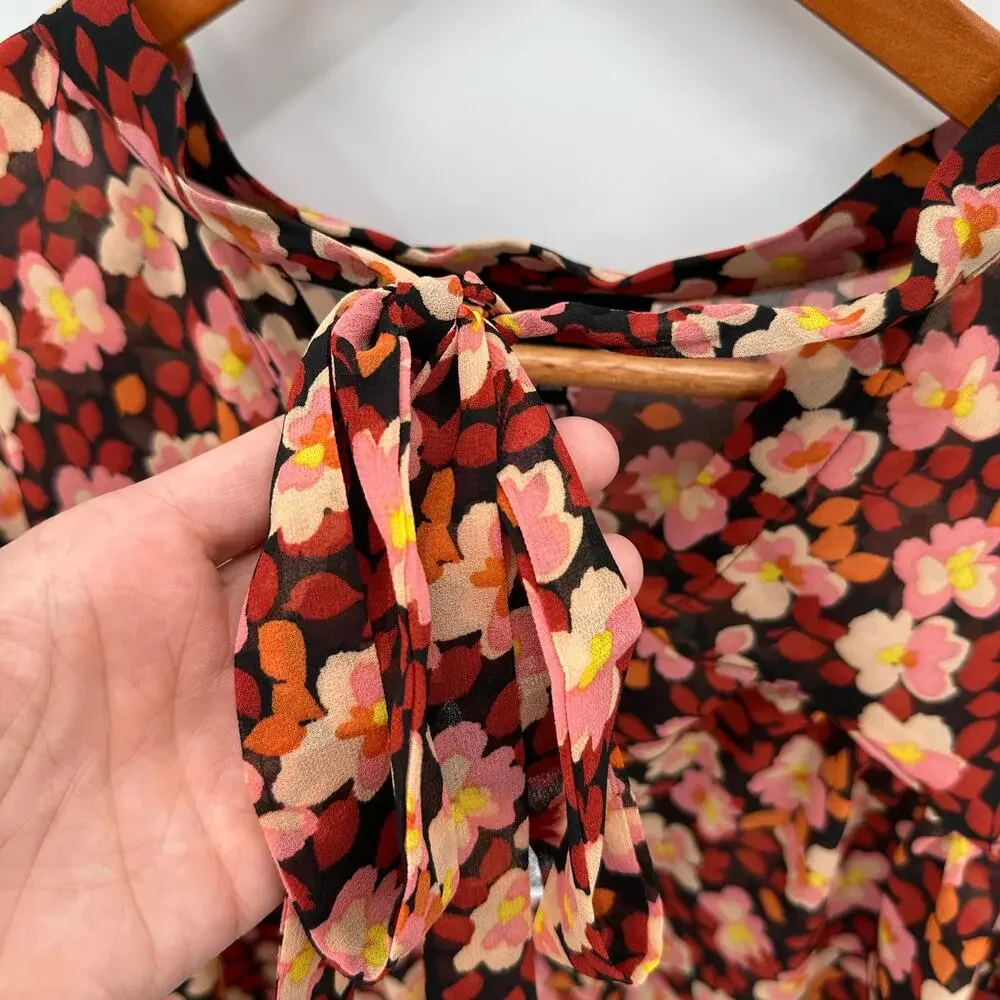 SANCTUARY NWT Tie Neck Floral Ruffle Blouse in Strawberry Fields // XL - Picture 5 of 14